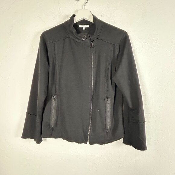 Habitat Womens Black Asymmetrical Zip Moto Jacket Medium Cotton Blend Stretch - Picture 1 of 8
